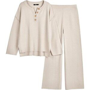 LILLUSORY Women's 2 Piece Oversized Slouchy Lounge Set Beige Tan Oatmeal Small